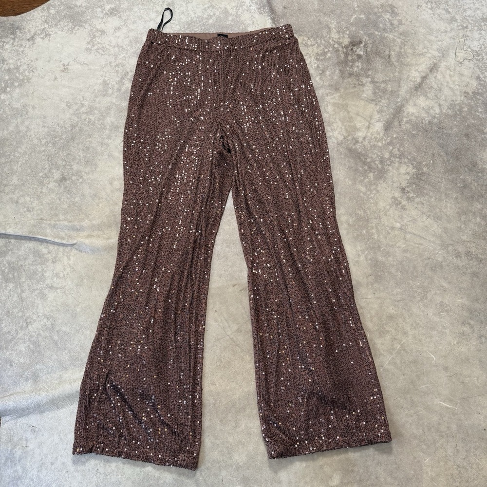 City Chic Pants Womens Size XS/14 Brown‎ All Over Sequin Wide Leg Disco Party